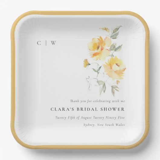 イエローグリーンウォーターバラフラワーバンチ結婚ーズ ペーパープレート (正面)