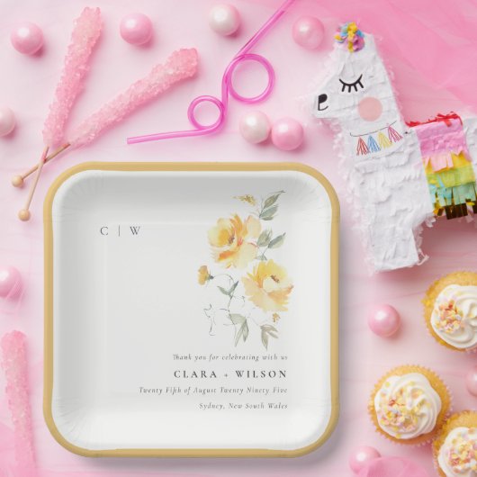 イエローグリーンウォーターバラフラワーバンチ結婚ーズ ペーパープレート (パーティー)