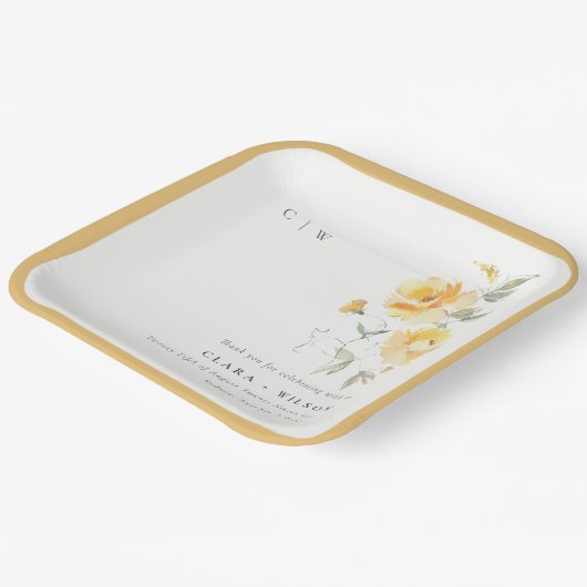 イエローグリーンウォーターバラフラワーバンチ結婚ーズ ペーパープレート (傾斜あり)