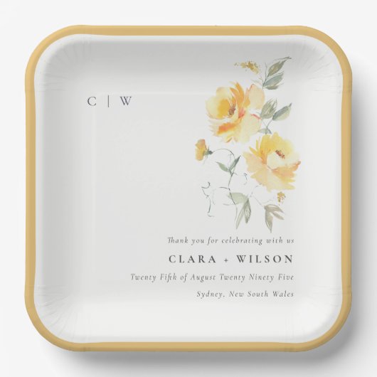 イエローグリーンウォーターバラフラワーバンチ結婚ーズ ペーパープレート (正面)
