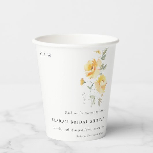 イエローグリーンウォーター色バラフラワーブライダルシャワー 紙コップ (正面)
