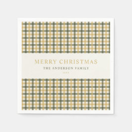 イエローグリーンギンガムチェックのクリスマス スタンダードカクテルナプキン