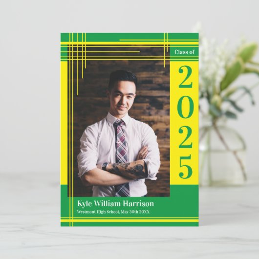 イエローグリーンスクールカラー卒業写真プライド 招待状 (スタンド正面)