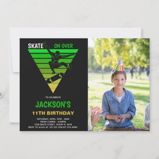 イエローグリーンスケートボード誕生日招待状フォト 招待状 (正面)