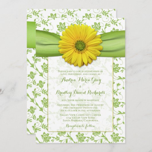 イエローグリーンダマスクデイジー結婚式招待状 招待状 (正面/裏面)