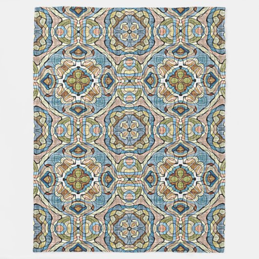 イエローグリーンティール(緑がかった色)ブルーオレンジお尻ボヘミアンアート フリースブランケット (正面)