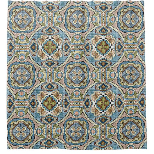 イエローグリーンティール（緑がかった色）ブルーオレンジトライバルアート シャワーカーテン (正面)