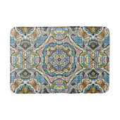 イエローグリーンティール（緑がかった色）ブルーオレンジトライバルアート バスマット (正面)