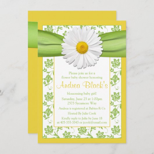 イエローグリーンデイジーフローラベビーシャワー招待状 招待状 (正面/裏面)