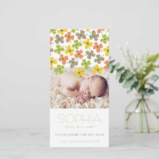 イエローグリーンデイジーベビーガール誕生のお知らせ 案内状 (スタンド正面)