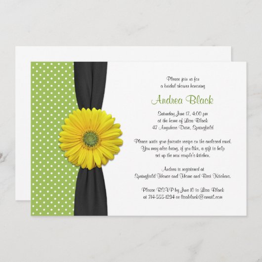 イエローグリーンブラックデイジー水玉模様ブライダルシャワー 招待状 (正面/裏面)