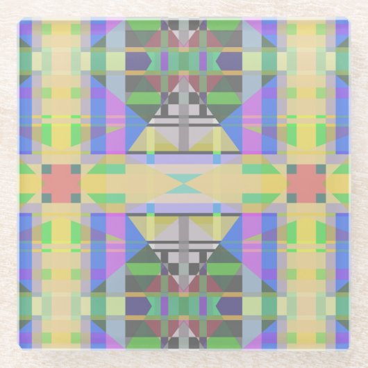イエローグリーンブルーパープルジオメトリック ガラスコースター (正面)