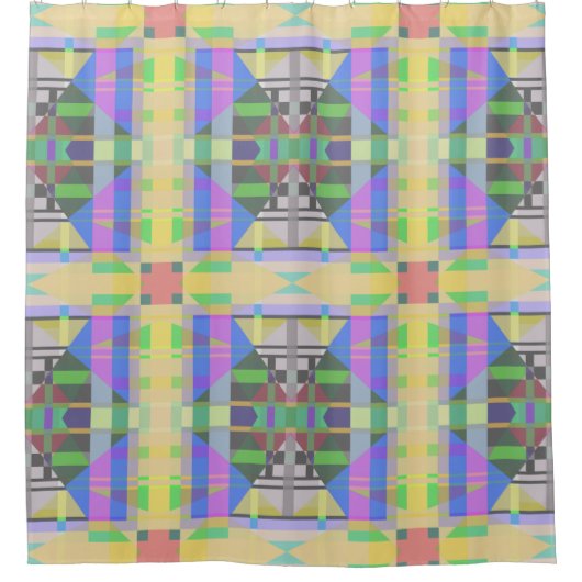 イエローグリーンブルーパープルジオメトリック シャワーカーテン (正面)