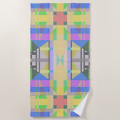 イエローグリーンブルーパープルジオメトリック ビーチタオル (正面)