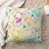 イエローグリーンブルーピンクレトロ自転車パターン クッション (ブランケット)