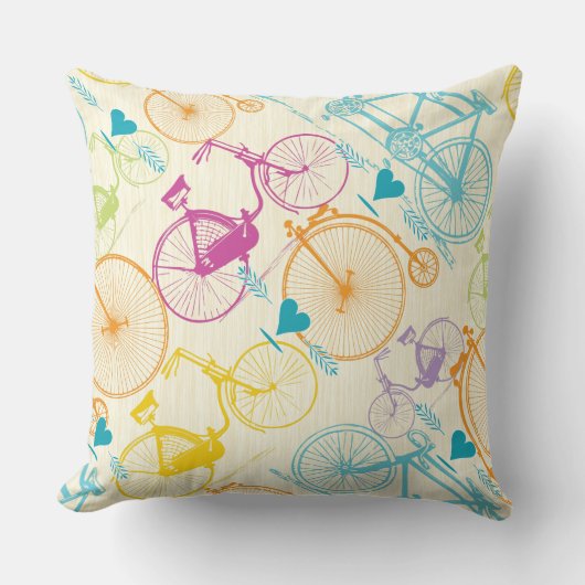 イエローグリーンブルーピンクレトロ自転車パターン クッション (正面)