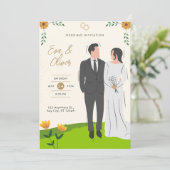 イエローグリーン図解入りの、写真付きの結婚式招待状 招待状 (スタンド正面)