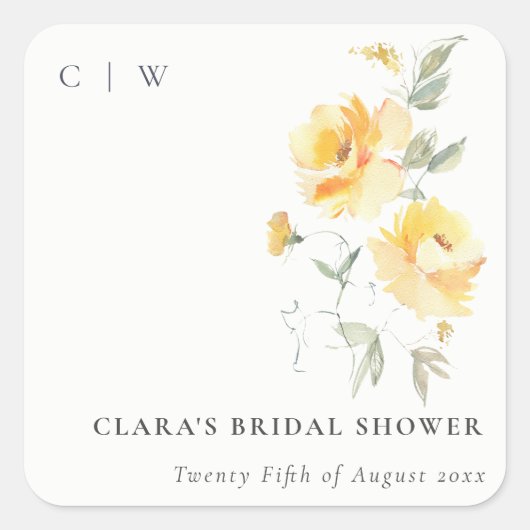 イエローグリーン水彩ローズフラワー ブライダルシャワー スクエアシール (正面)