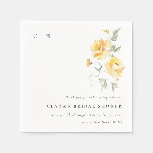 イエローグリーン水彩ローズフラワー ブライダルシャワー スタンダードカクテルナプキン (正面)
