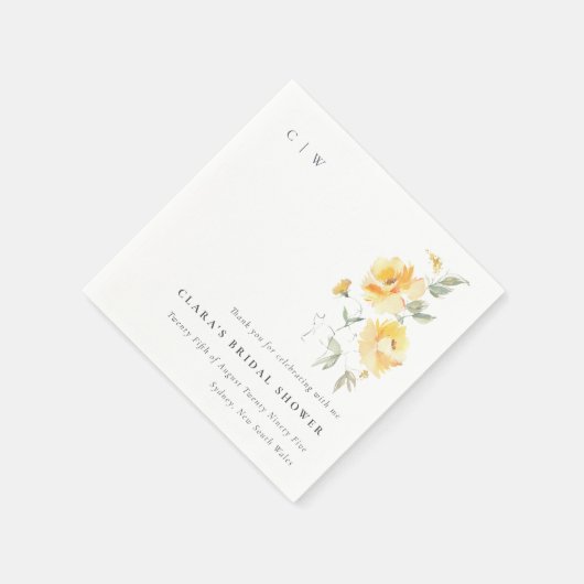 イエローグリーン水彩ローズフラワー ブライダルシャワー スタンダードカクテルナプキン (角)