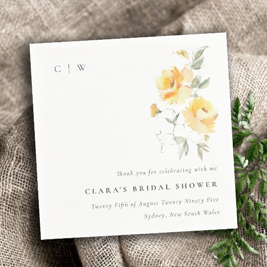 イエローグリーン水彩ローズフラワー ブライダルシャワー スタンダードカクテルナプキン