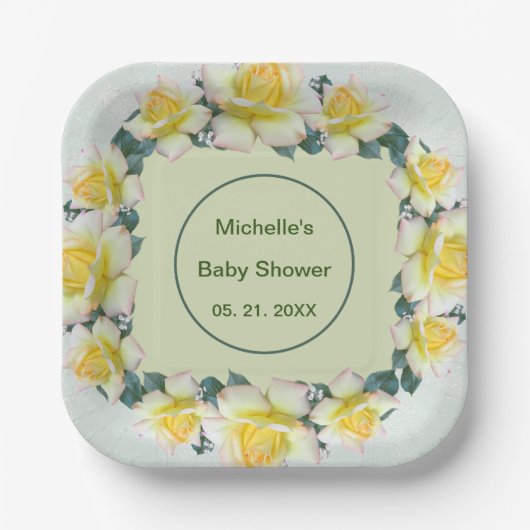 イエローグリーン花模様食器 ペーパープレート (正面)