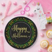イエローグリーン金ゴールドグリッターオンブラックハッピーハローウィン ペーパープレート (パーティー)