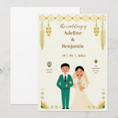イエローグリー縁どンエスニック結婚式招待状 招待状 (正面/裏面)