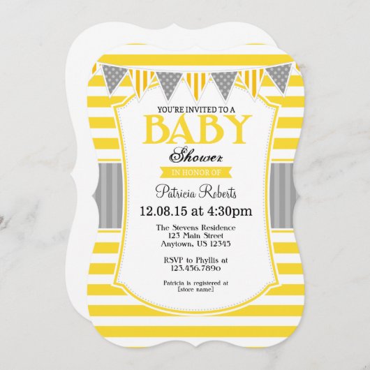 イエローグレイストライプズ赤ちゃんシャワー招待状 招待状 (正面/裏面)