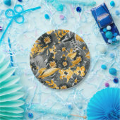 イエローグレイ黒フローラモダン水色 ペーパープレート (パーティー)