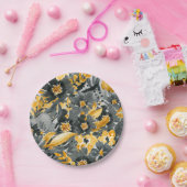 イエローグレイ黒フローラモダン水色 ペーパープレート (パーティー)