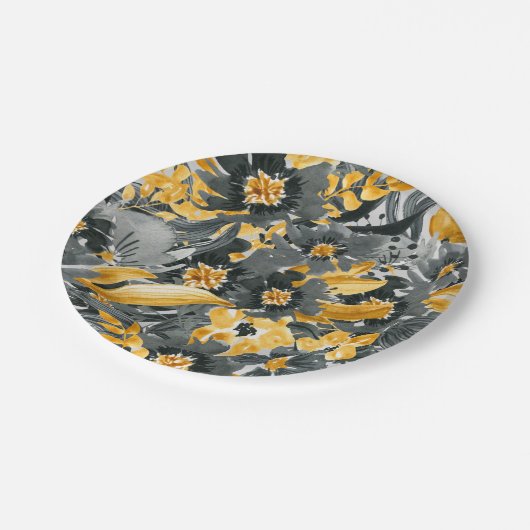 イエローグレイ黒フローラモダン水色 ペーパープレート (アングル)