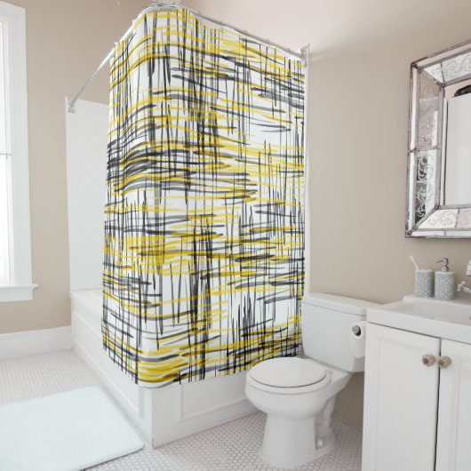 「イエローグレイ黒落書き」 シャワーカーテン (インサイチュ)
