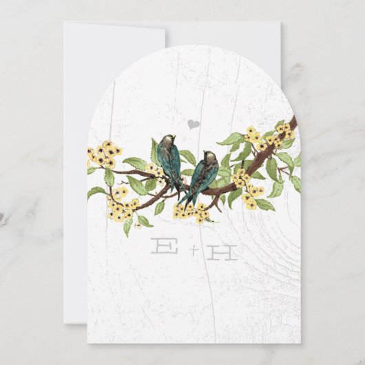 イエローグレーとブルーグリーンのヴィンテージ結婚の鳥 招待状 (裏面)