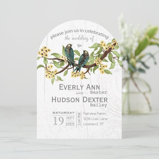 イエローグレーとブルーグリーンのヴィンテージ結婚の鳥 招待状 (スタンド正面)