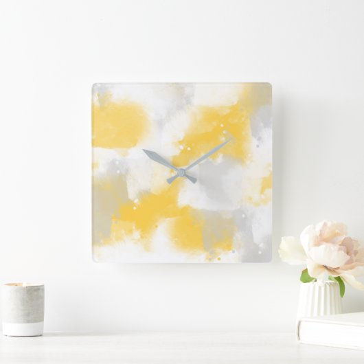 イエローグレーとホワイトの抽象芸術ブラシストローク スクエア壁時計 (ホーム)