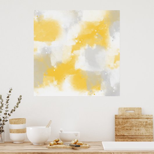 イエローグレーとホワイトの抽象芸術ブラシストローク ポスター (キッチン)