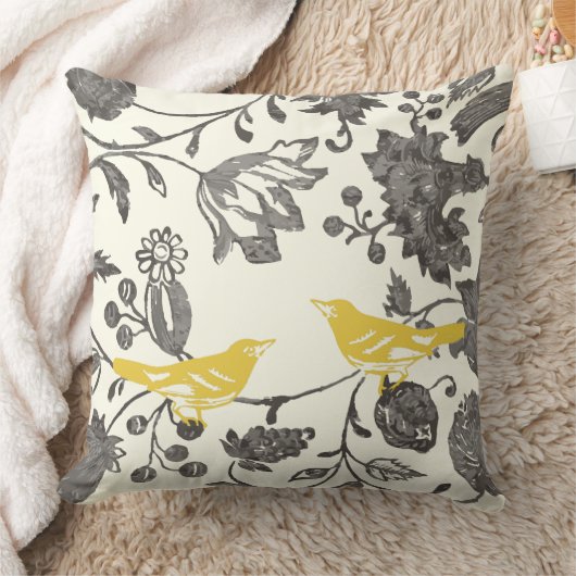 イエローグレーアイボリーヴィンテージフローララブバード クッション (ブランケット)