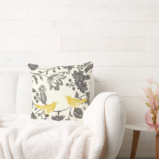 イエローグレーアイボリーヴィンテージフローララブバード クッション (ソファ)