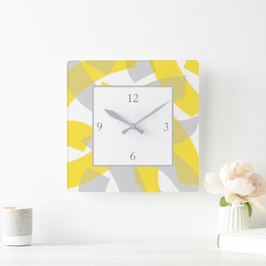 イエローグレーアクリル抽象芸術ブラシストローク スクエア壁時計 (ホーム)