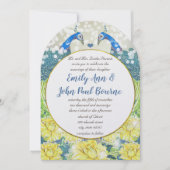 イエローグレーアンドブルーヴィンテージ結婚孔雀 招待状 (正面)