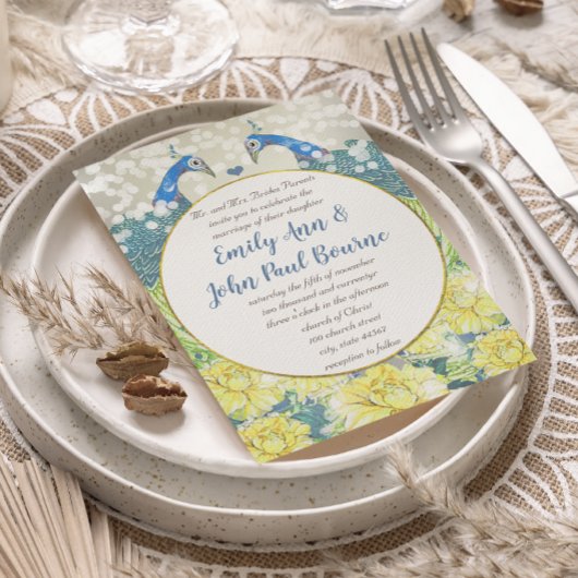 イエローグレーアンドブルーヴィンテージ結婚孔雀 招待状