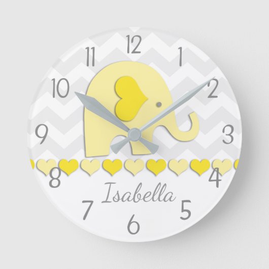 イエローグレーエレファントウォールクロック ラウンド壁時計 (正面)