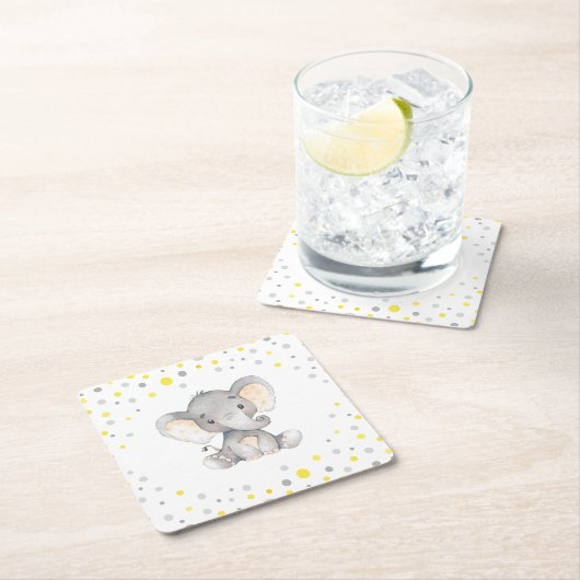 イエローグレーエレファントニュートラルベビーシャワー散水 スクエアペーパーコースター (インサイチュ)
