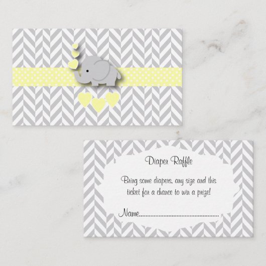 イエローグレーエレファントベビーシャワーおむつラッフル エンクロージャーカード (正面/裏面)