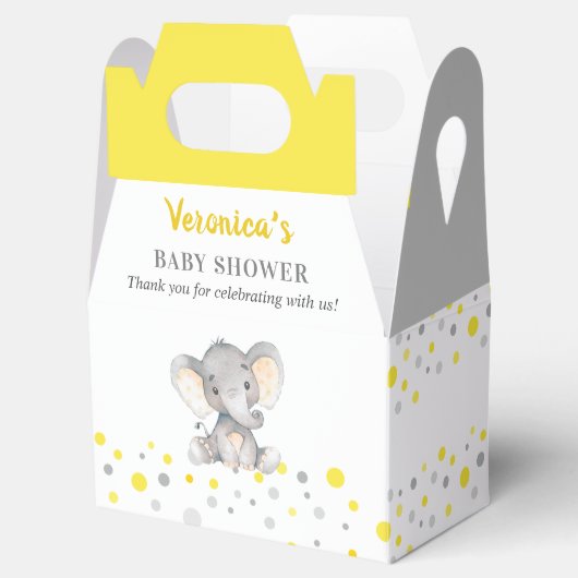 イエローグレーエレファント水玉模様ニュートラルベビーシャワー フェイバーボックス (オープン)