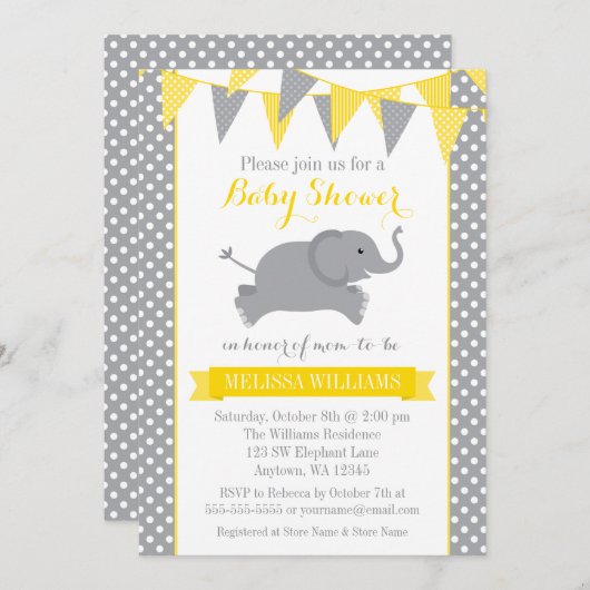 イエローグレーエレファント水玉模様バントベビーシャワー 招待状 (正面/裏面)