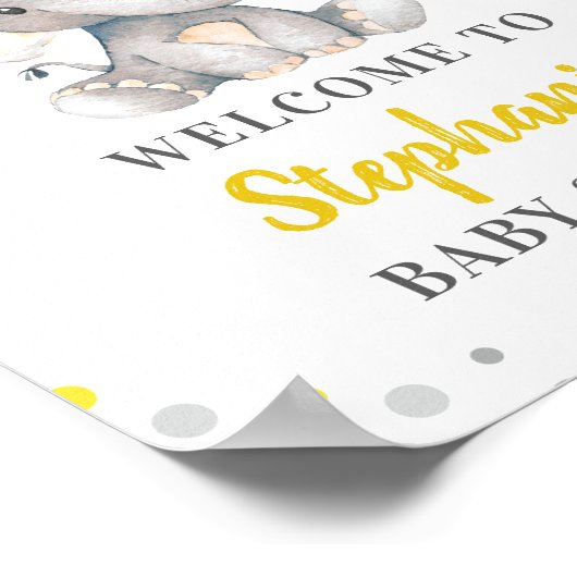 イエローグレーエレファント水玉模様ベビーシャワーウェルカム ポスター (角)