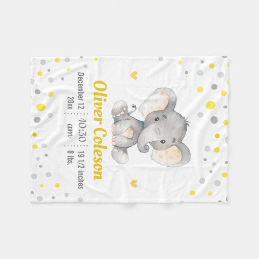 イエローグレーエレファント水玉模様ベビー統計子供部屋 フリースブランケット (正面(横))
