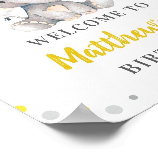 イエローグレーエレファント水玉模様誕生日歓迎 ポスター (角)